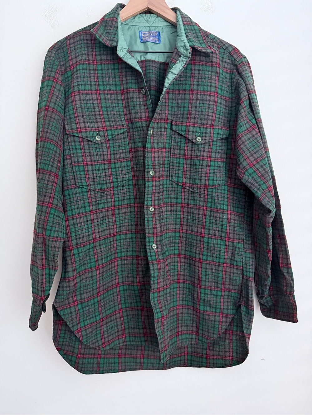 Pendleton Green Virgin Wool Board Shirt Mens Tartan plaid front pockets 16